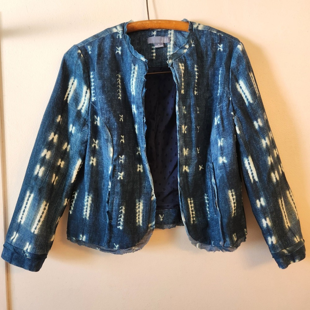 Anthropologie Indigo Blue Shibori Tie Dye Cotton Cropped Open Front Denim Jacket